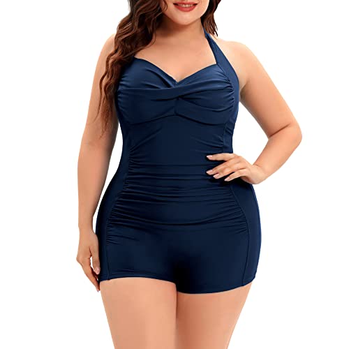 Durio Badeanzug Damen Große Größe Einteiliger Monokinis Bauchweg Bademode Swimsuit Strandmode Neckholder Push Up Twist Front Navy Blau 42-44 (Tag Size XL) von Durio