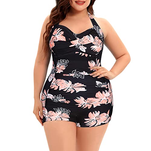 Durio Badeanzug Damen Große Größe Einteiliger Monokinis Bauchweg Bademode Swimsuit Strandmode Neckholder Push Up Twist Front Rosa Blumen 44-46 (Tag Size 2XL) von Durio