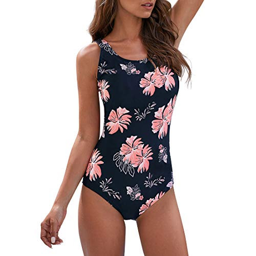 Durio Badeanzug Damen Sport Bademode Damen Bauchweg Sportbadeanzüge für Damen Sexy Einteilige Badeanzug mit Breite Schultergurte Rosa Blumen L von Durio