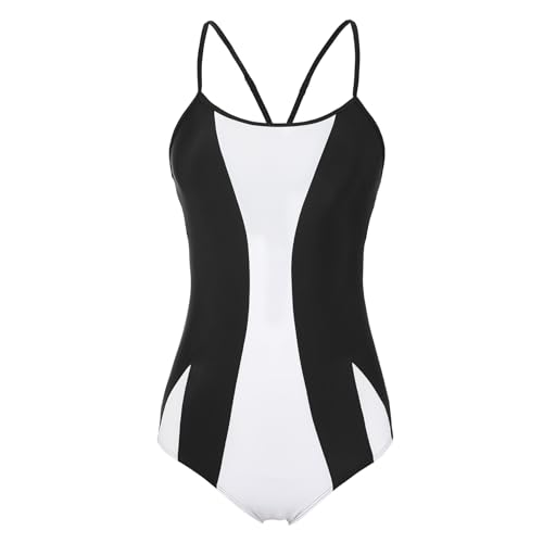 Durio Badeanzug Damen Sport Einteilige Badeanzug Damen Bauchweg Push Up Sportbadeanzug Swimsuit Bademode mit Cups Schwarz u. Weiß 40 (Tag Size L) von Durio