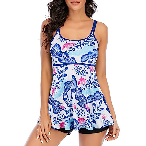 Durio Badeanzug Damen Tankini Bauchweg Bademode Set Zweiteilig mit Badehose Badeanzüge Push Up Weiß mit Blauen Blätter (Tag Size 3XL) von Durio