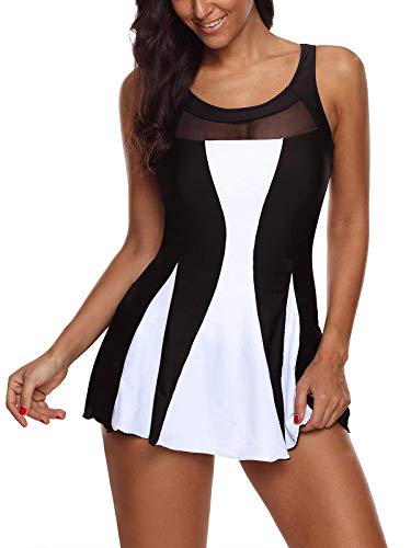 Durio Badekleid Damen Badeanzug Bauchweg Push Up Einteilig Netzstoff Rückenfrei Elegant Bademode mit Cups Schwimmkleid Swimsuit Schwarz u. Weiß 38-40 (Tag Size M) von Durio