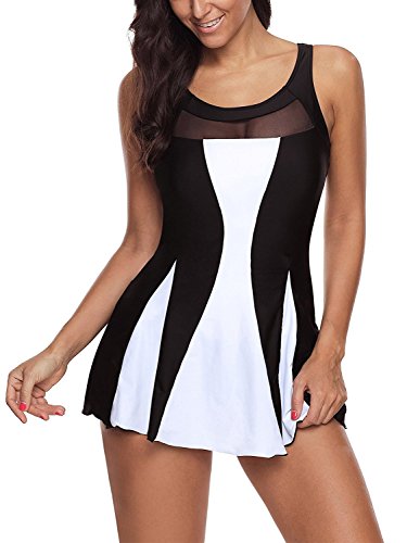 Durio Badeanzug Kleid Damen Badekleid Einteilig Tankini Bauchweg Schwimmkleid Schwarz u. Weiß EU 44 (Herstellergröße XL) von Durio