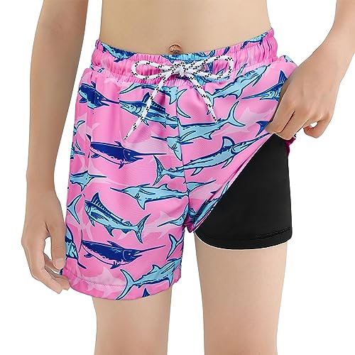 Durio Badehose Jungen, Kinder und Teenager Badeshorts Kurz Sommer Badeshorts Schnelltrocknend Boardshorts mit Netzfutter Taschen und Verstellbarem Tunnelzug Urlaub Pink Blau Hai L von Durio