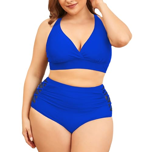 Durio Bikini Damen Bauchweg Große Größen Bikini Set Badeanzug Damen Bauchweg Push up Bikini mit Tiefem V-Ausschnitt Blau XL von Durio