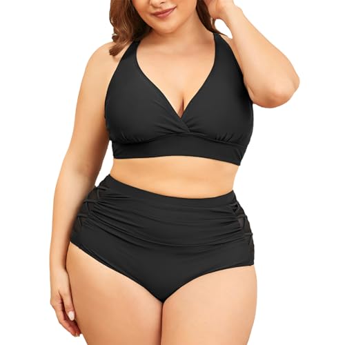 Durio Bikini Damen Bauchweg Große Größen Bikini Set Badeanzug Damen Bauchweg Push up Bikini mit Tiefem V-Ausschnitt Schwarz L von Durio