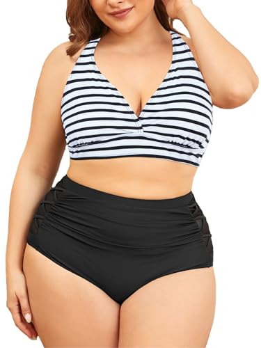 Durio Bikini Damen Bauchweg Große Größen Bikini Set Badeanzug Damen Bauchweg Push up Bikini mit Tiefem V-Ausschnitt Schwarze Streifen 2XL von Durio