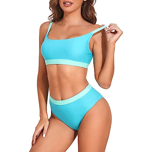 Durio Bikini Damen Bikini Set Zweiteiliger Badeanzug Bikini mit Hotpants Träger Oberteil Bikinihose Blau-Grün 36 von Durio