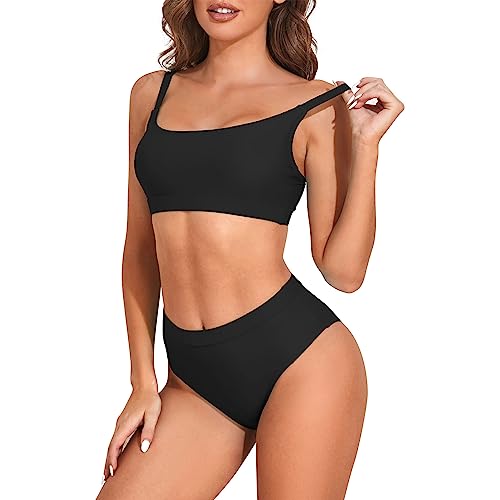 Durio Bikini Damen Bikini Set Zweiteiliger Badeanzug Bikini mit Hotpants Träger Oberteil Bikinihose Schwarz 1 36 von Durio