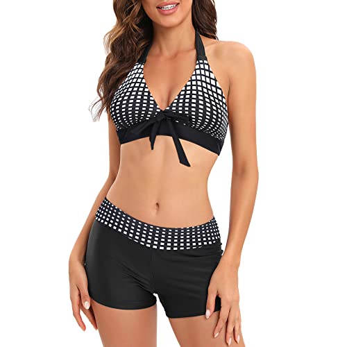 Durio Bikini Damen Push Up Hohe Taille Zweiteiliger Bademode Neckholder Träger Oberteil Mit Badeshorts Strandmode Schwarz36-38 (Tag Size M) von Durio