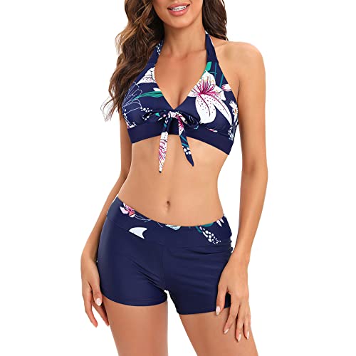 Durio Bikini Damen Push Up Hohe Taille Zweiteiliger Bademode Neckholder Träger Oberteil Mit Badeshorts Strandmode Weiße Blume40-42 (Tag Size L) von Durio