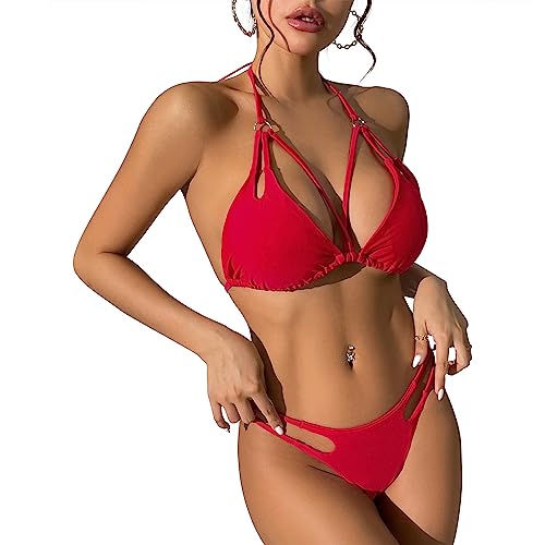 Durio Bikini Damen Push up Sexy 2tlg Bikini Damen Set mit Triangel Bikinihose Breit von Körpchen Verstellbar Rot1 36 von Durio