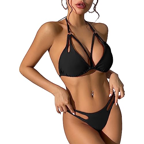 Durio Bikini Damen Push up Sexy 2tlg Bikini Damen Set mit Triangel Bikinihose Breit von Körpchen Verstellbar Schwarz 1 38-40 von Durio