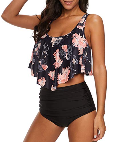 Durio Bikini High Waist Damen Zweiteiliger Bikini Set Hohe Taille Bikinihose mit Langem Volant Chrysantheme-Schwarz EU 36-38 (Herstellergröße M) von Durio