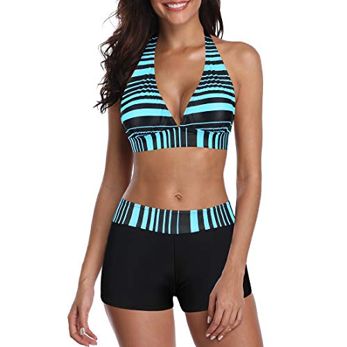 Durio Bikini Set für Damen Badeanzug Neckholder Swimsuit Oberteile und Badeshorts Sexy V-Ausschnitt Blaue u. Schwarze Streifen 36-38 von Durio