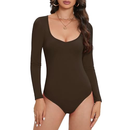 Durio Body Damen Elegant Body Langarm V-Ausschnitt Bodysuit Women Sexy Schlankmachender Oberteil Body Braun M von Durio