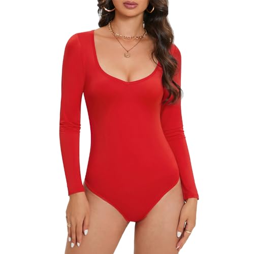 Durio Body Damen Elegant Body Langarm V-Ausschnitt Bodysuit Women Sexy Schlankmachender Oberteil Body Rot L von Durio