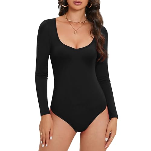 Durio Body Damen Elegant Body Langarm V-Ausschnitt Bodysuit Women Sexy Schlankmachender Oberteil Body Schwarz XL von Durio