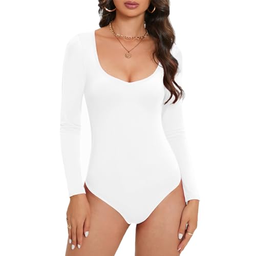 Durio Body Damen Elegant Body Langarm V-Ausschnitt Bodysuit Women Sexy Schlankmachender Oberteil Body Weiß M von Durio