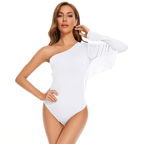 Durio Body Damen Elegant Bodysuit Women Sexy Langarm Sheer Oberteil mit Quasten Festival Party Outfit Damen Weiß L von Durio