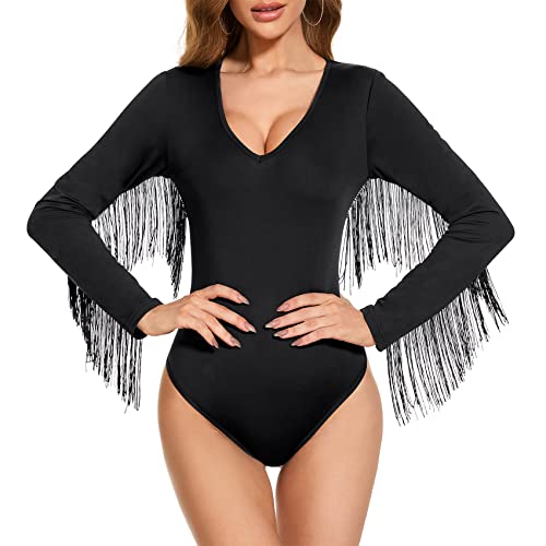 Durio Body Damen Elegant Langarm Bodysuit Tops Sexy Bodies Oberteil Overall Quastenbesatz V Ausschnitt #2 Schwarz L von Durio