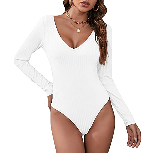 Durio Sexy Body Damen Langarm Elegant Bodysuit Tops Bodies Oberteil Overall Stringbody V-Ausschnitt Weiß 34-36 (Tag Size S) von Durio