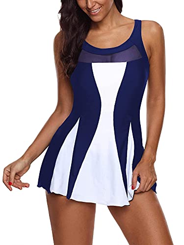 Durio Damen Badeanzug Badekleid Einteilig Tankini Bauchweg Schwimmkleid Schwimmrock Bademode Swimsuit Navy u. Weiß 42-44 Tag Size L von Durio