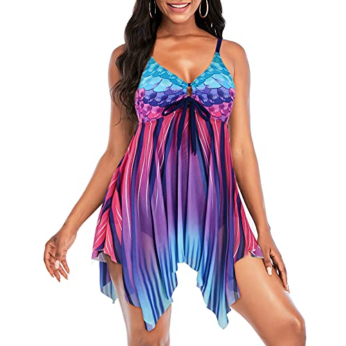 Durio Damen Badeanzug Bauchweg Tankini Set Badekleid Mit Slip Push-up Gepolstert Beachwear Einteiliger Bademode Meerjungfrau 46-48 von Durio