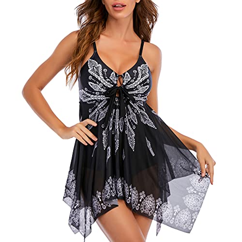 Durio Damen Badeanzug Bauchweg Tankini Set Badekleid Mit Slip Push-up Gepolstert Beachwear Einteiliger Bademode Schwarz 40-42 von Durio