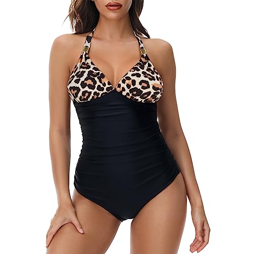 Durio Damen Badeanzug Triangel V Ausschnitt Tiefer Rückenausschnitt Figurformend Einteilige Bademode Swimsuit Sexy Gelber Leopard L von Durio