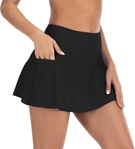 Durio Damen Bademode Kurze Rock Bikinirock Baderock mit Shorts Sportrock Bikinihose Schwimmrock Strandrock Schwarz 36 (Tag Size S) von Durio