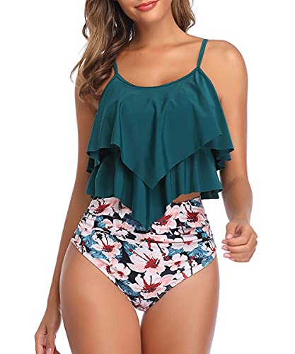 Durio Damen Bikini Set Rüschen Volant High Waist Bauchweg Bademode Zweiteiliger Badeanzug Blau-Pink 38-40 von Durio