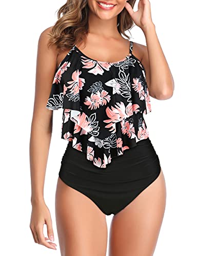 Durio Damen Bikini Set Rüschen Volant High Waist Bauchweg Bademode Zweiteiliger Badeanzug Schwarze rosa Blumen 44 von Durio