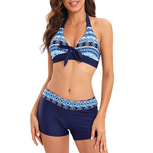 Durio Damen Bikini Set Triangel Badeanzug Strand Ties Zweiteiliger Bademode Push Up Träger Oberteil Hotpants Strandmode Blau Geometrie 38 (Tag Size M) von Durio