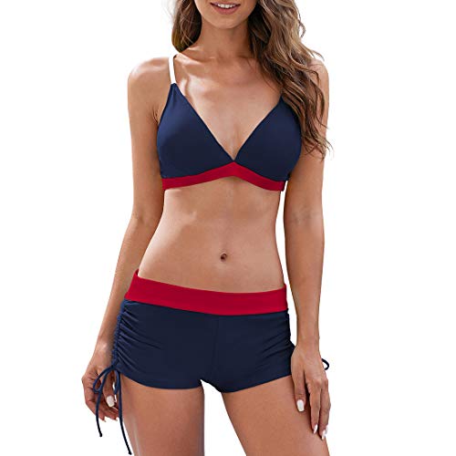 Durio Damen Bikini Set mit Hotpants Push Up BH Zweiteiliger Badeanzug Bandeau Bademode Strand Beachwear Schwimmanzug mit Badehose Blau-Rot 40 von Durio