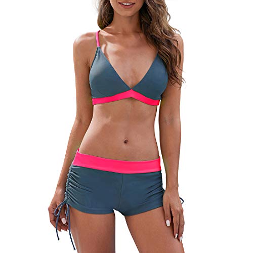 Durio Damen Bikini Set mit Hotpants Push Up BH Zweiteiliger Badeanzug Bandeau Bademode Strand Beachwear Schwimmanzug mit Badehose Grau-Pink 40 von Durio