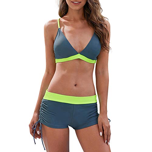 Durio Damen Bikini Set mit Hotpants Push Up BH Zweiteiliger Badeanzug Bandeau Bademode Strand Beachwear Schwimmanzug mit Badehose Neongrau Grün 36 von Durio