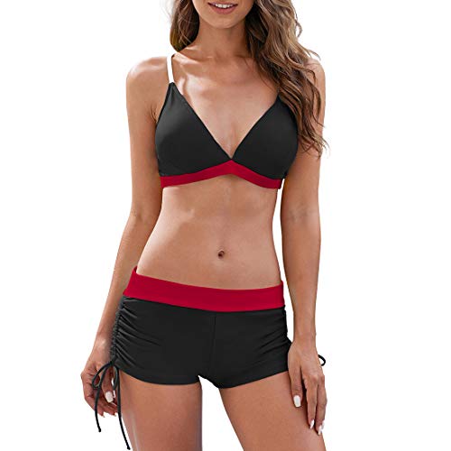 Durio Damen Bikini Set mit Hotpants Push Up BH Zweiteiliger Badeanzug Bandeau Bademode Strand Beachwear Schwimmanzug mit Badehose Schwarz-Rot 38 von Durio