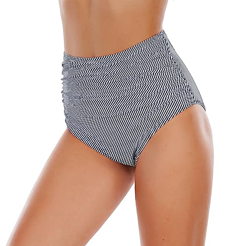 Durio Damen Bikinihose Badehose High Waist Badeshorts Bauchweg Sexy Hotpants mit Falten Hohe Taille Schwarz u. Weiß Gestreift 38(Tag Size M) von Durio