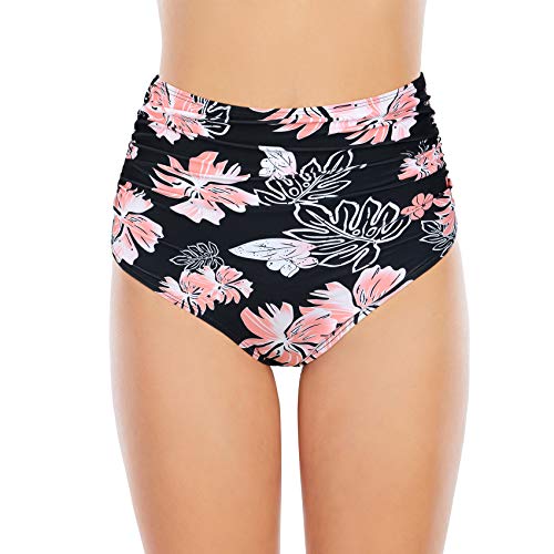 Durio Damen Bikinihose High Waist Badeshorts Retro Bauchweg Badehose Hoher Taille Bikini Unterteil Bikinislip Pink Blumen 38-40 von Durio