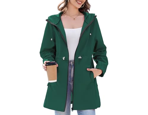 Durio Damen Dünne Regenjacke Wasserdichte Faltbar Regenmantel mit Kapuze Leicht Atmungsaktive Lange Windbreaker Jacke Travel Regenponcho für Frauen von Durio