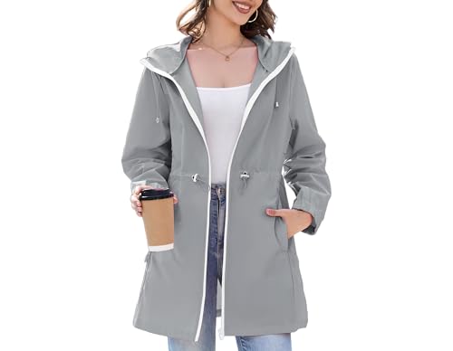 Durio Damen Dünne Regenjacke Wasserdichte Faltbar Regenmantel mit Kapuze Leicht Atmungsaktive Lange Windbreaker Jacke Travel Regenponcho für Frauen von Durio