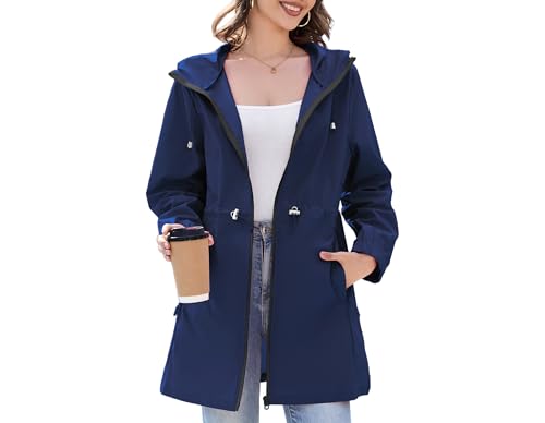 Durio Damen Dünne Regenjacke Wasserdichte Faltbar Regenmantel mit Kapuze Leicht Atmungsaktive Lange Windbreaker Jacke Travel Regenponcho für Frauen von Durio