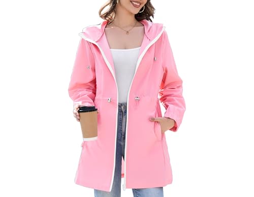 Durio Damen Dünne Regenjacke Wasserdichte Faltbar Regenmantel mit Kapuze Leicht Atmungsaktive Lange Windbreaker Jacke Travel Regenponcho für Frauen von Durio