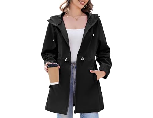 Durio Damen Dünne Regenjacke Wasserdichte Faltbar Regenmantel mit Kapuze Leicht Atmungsaktive Lange Windbreaker Jacke Travel Regenponcho für Frauen von Durio