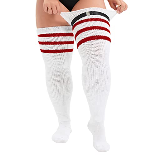 Durio Damen Große Größen Kniestrümpfe Oberschenkelhohe Socken Overknee Lange Stiefel Strümpfe Thigh High Socks Beinwärmer Weiß und rot gestreift Einheitsgröße von Durio