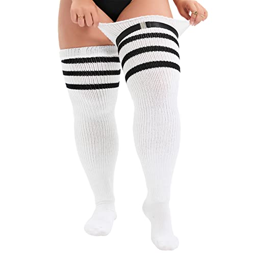 Durio Damen Große Größen Kniestrümpfe Oberschenkelhohe Socken Overknee Lange Stiefel Strümpfe Thigh High Socks Beinwärmer Weiß und schwarz gestreift Einheitsgröße von Durio