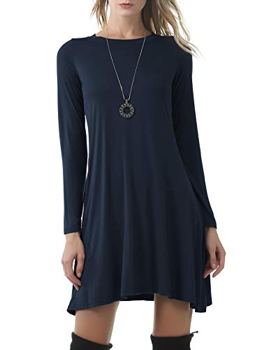 Durio Damen Kleider Langarm A-Linie Kleid T-Shirt Kleid Lose Skaterkleid Basic Freizeit Kleider Navy 38 von Durio