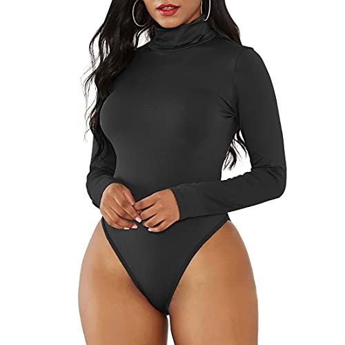 Durio Sexy Body Damen Langarm Elegant Bodysuit Tops Bodies Oberteil Overall Stringbody mit Rollkragen Schwarz Rollkragen 34-36 (Tag Size S) von Durio