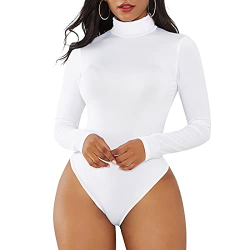 Durio Sexy Body Damen Langarm Elegant Bodysuit Tops Bodies Oberteil Overall Stringbody mit Rollkragen Weiß Rollkragen 34-36 (Tag Size S) von Durio